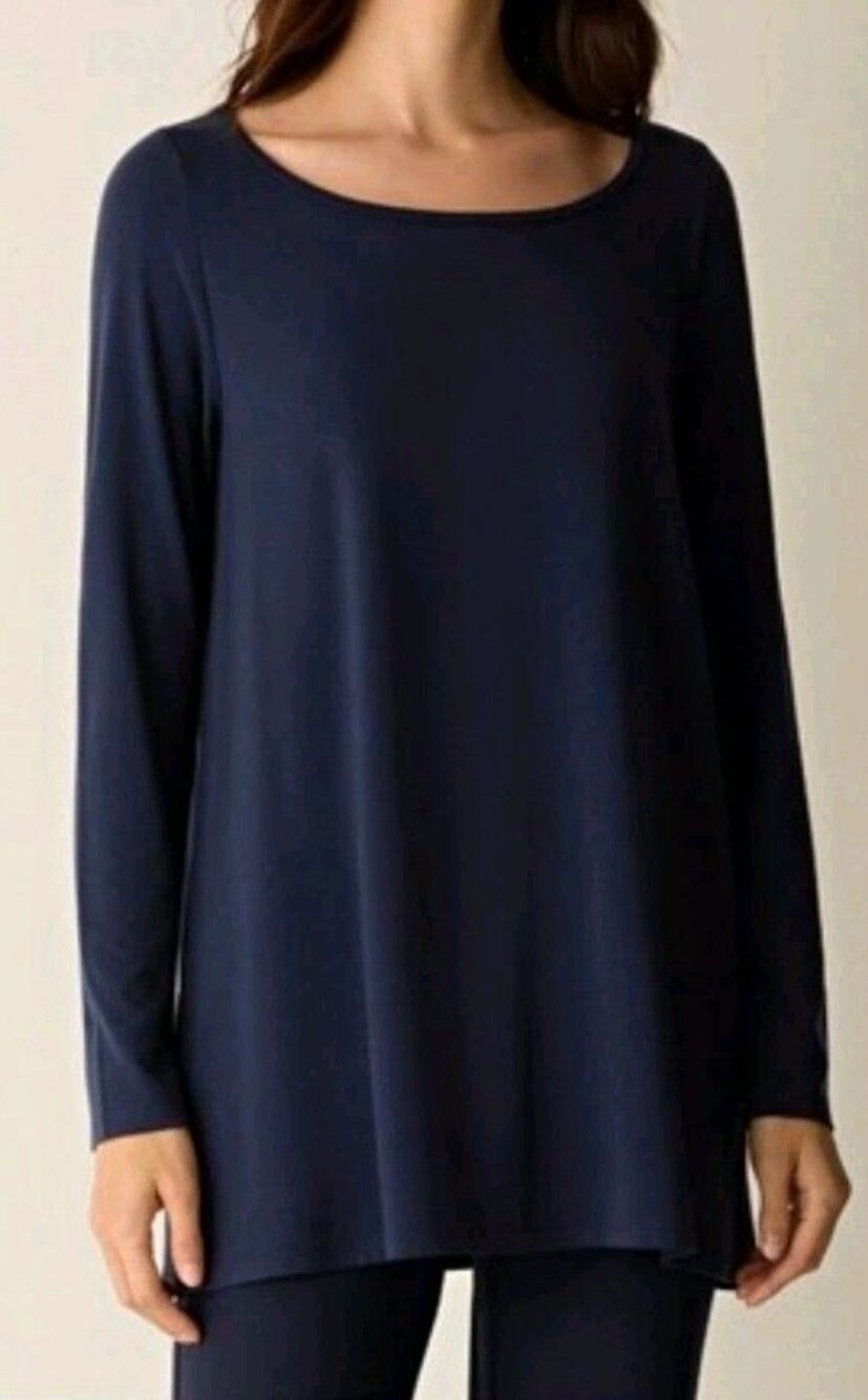 Eileen Fisher Navy Blue Viscose Boat Neck Long Sleeve Jersey Tunic Top XS